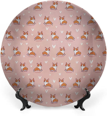 Ceramic Display Plate, Dog Lover Ceramic Hanging Decorative Plate, Cute Little Corgi Jumping Running and Standing, 10 Inch, Living Room Kitchen Decoration Household, Coral Orange White