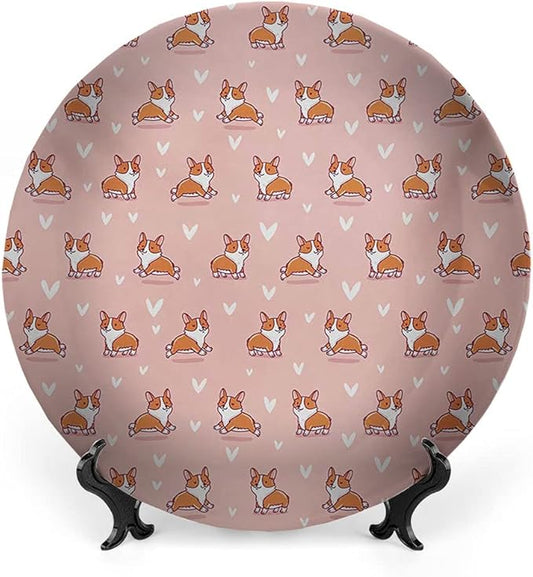 Decorative Plates, Dog Lover Print Ornament, Cute Little Corgi Jumping Running and Standing, 7 Inch, 1 Plate with 1 Display Stand, Coral Orange White