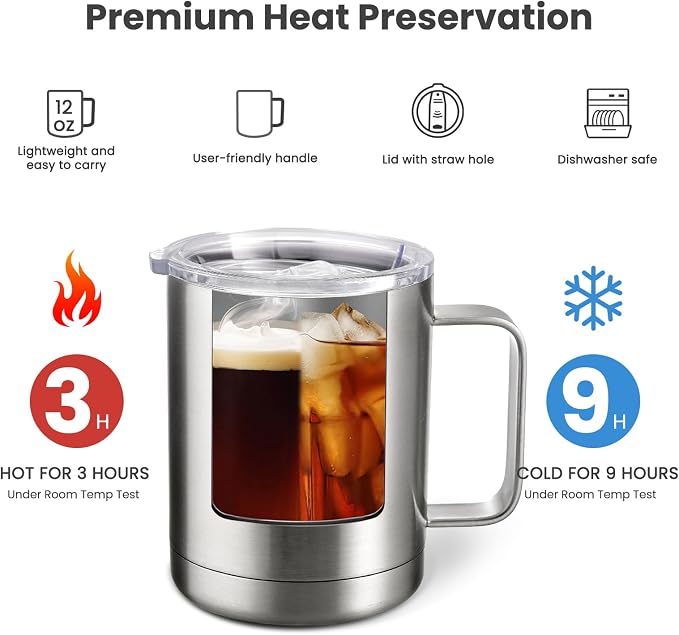 MEWAY 12oz Coffee Mug With Handle 2 Pack Bulk, Stainless Steel Insulated Travel - Image 3