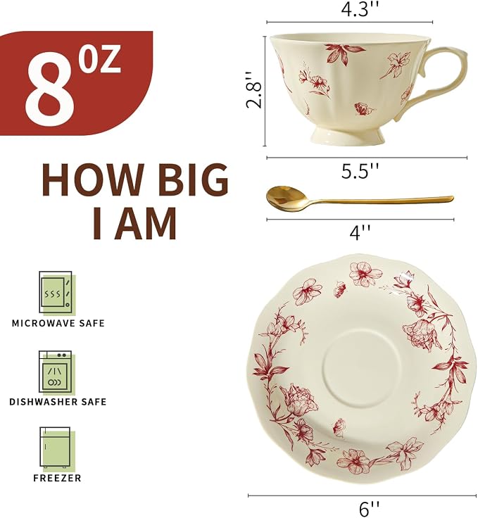 Vintage Fancy Porcelain Tea Cups and Saucers Set of 4, 8 oz China Ceramic - Image 2