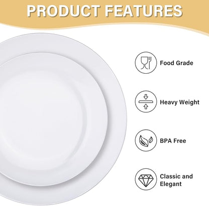Nervure 100Pcs White Plastic Plates - 10.25inch Disposable White Dinner Plates - Heavy Duty Plastic Plate Ideal for Wedding & Party