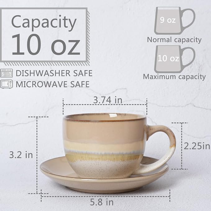 Bosmarlin Ceramic Cappuccino Cup and Saucer Set of 2, 10 Oz, Coffee Cups - Image 2