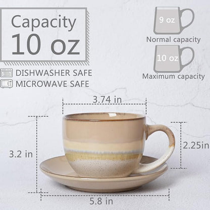 Bosmarlin Ceramic Cappuccino Cup and Saucer Set of 2, 10 Oz, Coffee Cups - Image 2