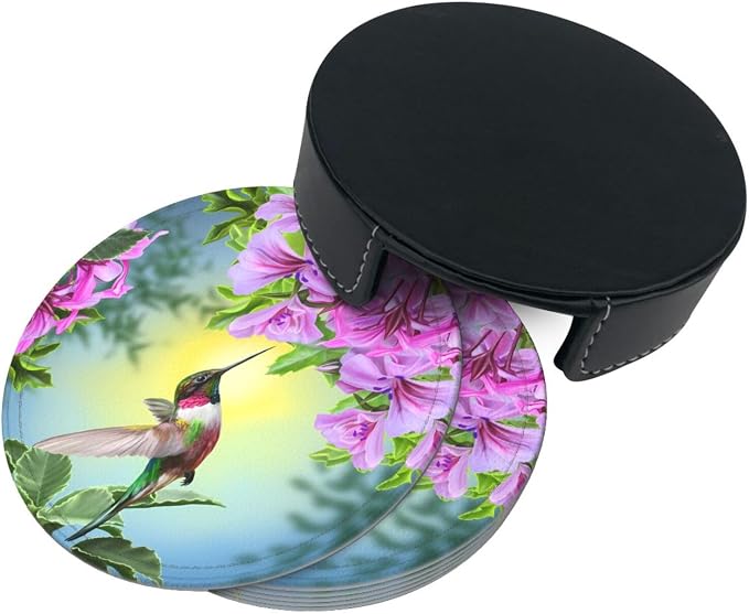 6 Pcs Hummingbirds and Brilliant Flowers Nature Landscape Leather Coasters - Image 4