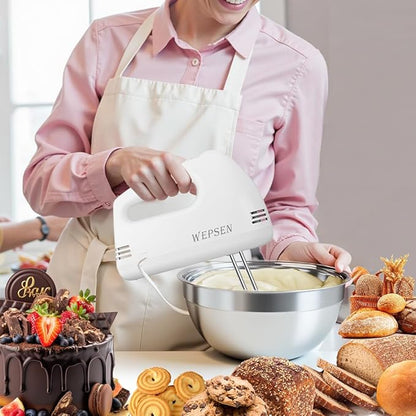 5-Speed Electric Hand Mixer, 4 Large Mixing Bowls Set, Handheld Mixers with Whisks Beater, Stainless Steel Metal Nesting Bowl Measuring Cups Spoons Kitchen Cake Blender for Baking Supplies
