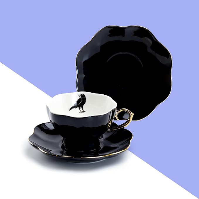 Raven Black Fine Porcelain Tea Cup and Saucer - Image 2
