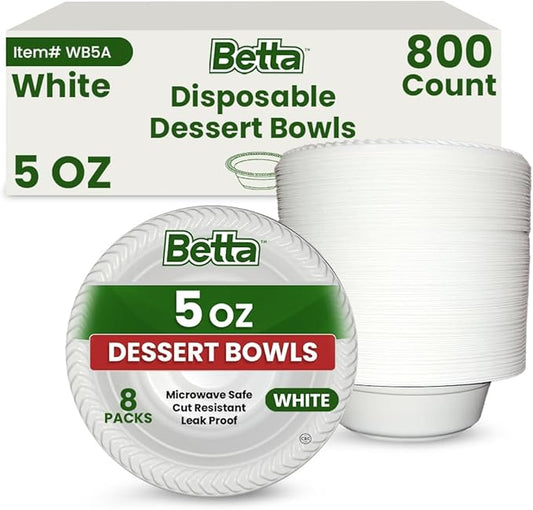 Betta 5 Oz Disposable Plastic Small Dessert Bowls, White, 800 Count, Bulk Case for Schools, Breakrooms and Cafeteria, Microwave Safe (8 Pack Per Box x100)