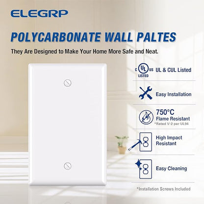 ELEGRP 1-Gang Blank Device Wall Plates, Mid-Size 4.88" H x 3.13" L Unbreakable Thermoplastic Blank Faceplate Cover for Unused Outlets/Switches, UL Listed (2 Pack, Glossy White)