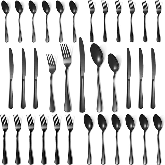 30 Pcs Black Silverware Set for 6, Food Grade Stainless Steel Flatware Set by Lazycorner