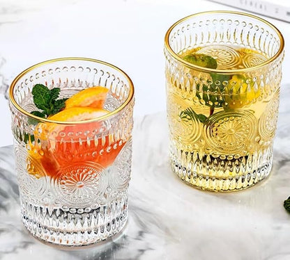 2 Pack 10 OZ Cute Embossed Glass Cup Vintage Drinking Glasses | Thick by yaocoral
