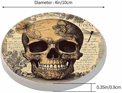 Vintage Head Skull Cup Coasters for Table Retro Floral Background Death Smile Antique Reusable Drink Coasters Set 2 Pcs Coffee Home Farmhouse Living Room Bar Decor