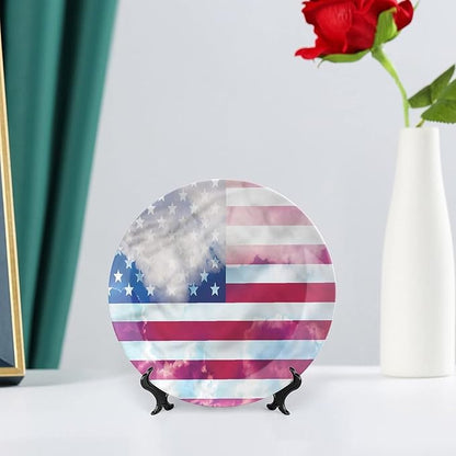 Decorative Plates, American Flag Print Ornament, Flag Clouds Memorial, 8 Inch, Kitchen Wall Decor, Multicolor