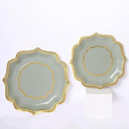50 Pack 8" Sage Green/Gold Scallop Rim Dessert Plates, Disposable Round Paper Appetizer Salad Plates 300 GSM for Party Decoration