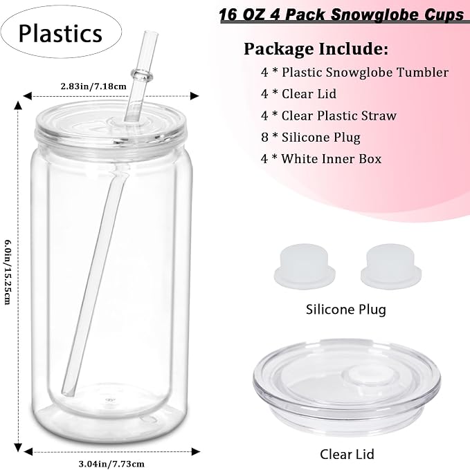 16 oz Plastic Snow Globe Tumbler, 4 Pack Double Wall Snowglobe Tumbler - Image 2