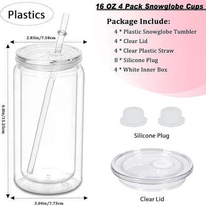 16 oz Plastic Snow Globe Tumbler, 4 Pack Double Wall Snowglobe Tumbler - Image 2