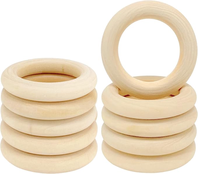 10PCS Natural Wooden Rings for Crafts, Unfinished Wooden Rings for Macrame by HANWER