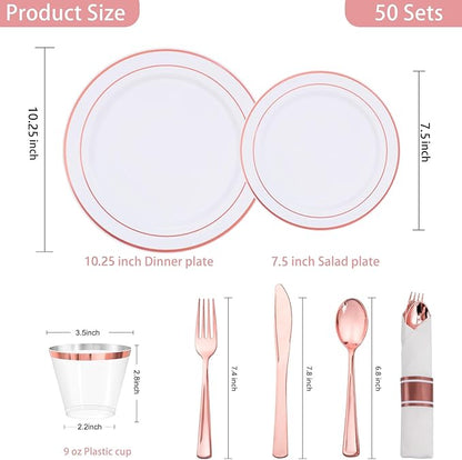 WELLIFE 350Pcs Rose Gold Plastic Plates for 50 Guests - Plastic Dinnerware Set,Party Supplies Includes 100 Rose Gold plates,150 Silverware,50 Napkins,50 Cups for Valentines and Galentines