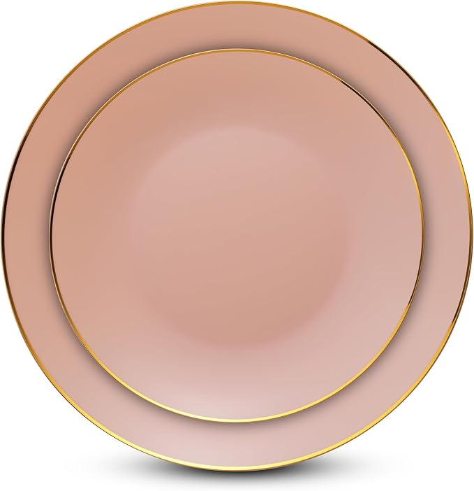 100 Pink Gold Plastic Plates Set, Elegant Fancy Heavy Duty - Image 2