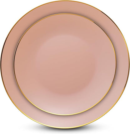 100 Pink Gold Plastic Plates Set, Elegant Fancy Heavy Duty - Image 2