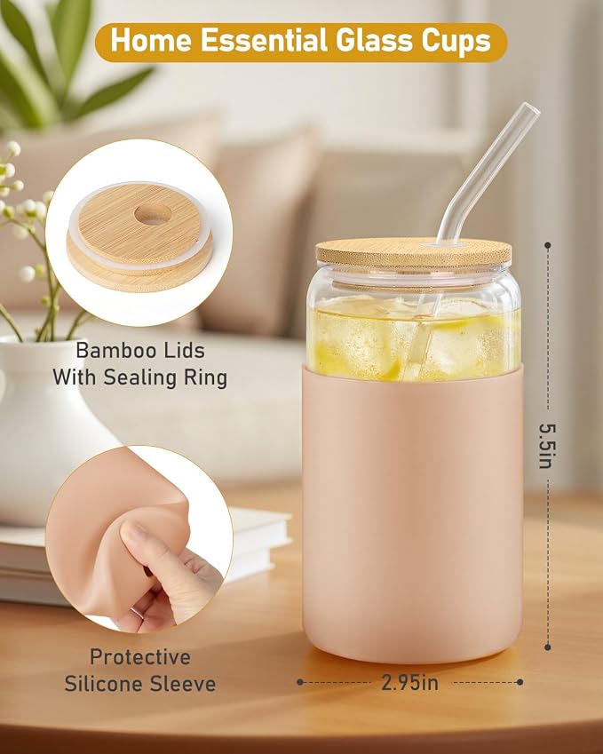 sungwoo Glass Cups with Lids and Straws, 4 Pack 16OZ Iced Coffee Cups with - Image 3