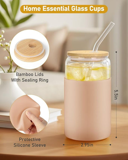 sungwoo Glass Cups with Lids and Straws, 4 Pack 16OZ Iced Coffee Cups with - Image 3