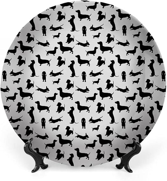 Decorative Plates, Dog Lover Print Ornament, Monochrome Dachshunds in Numerous Stances Active Life, 8 Inch, Kitchen Wall Decor, Black White