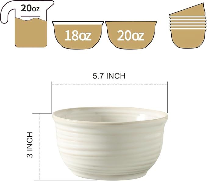 Ceramic Soup Bowls Set of 6, 20 Ounce Deep Creamy White Cereal Bowls, Microwave - Image 3
