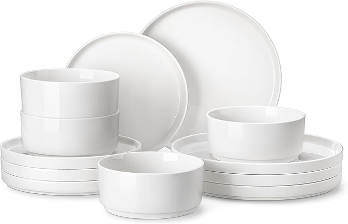 MALACASA 12 Pieces Porcelain Dinnerware Set, Modern White Dish Set - Image 9