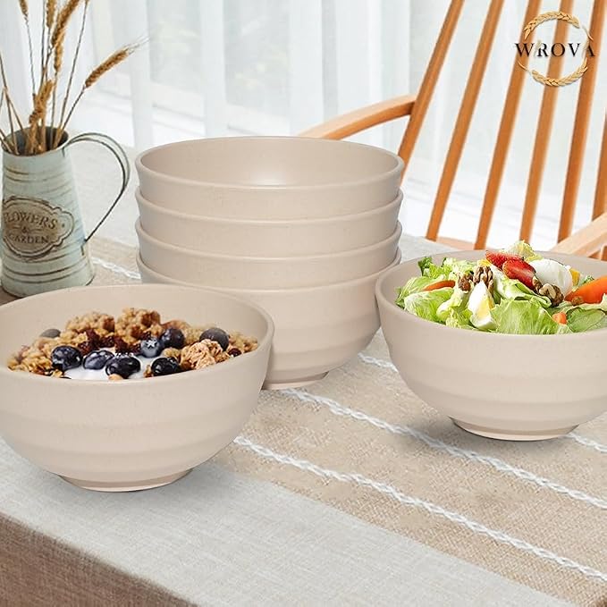Wheat Straw Bowls Set 60 OZ, Unbreakable Large Beige Bowls Set of 6, Microwave - Image 7