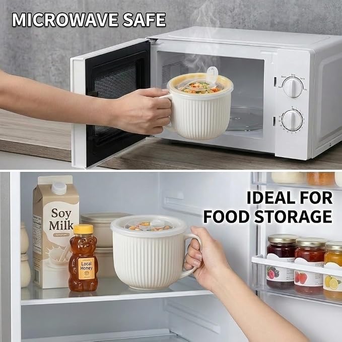Ceramic Soup Bowl with Handle & Lid, Large 32oz Microwave Ramen Bowl White | - Image 5