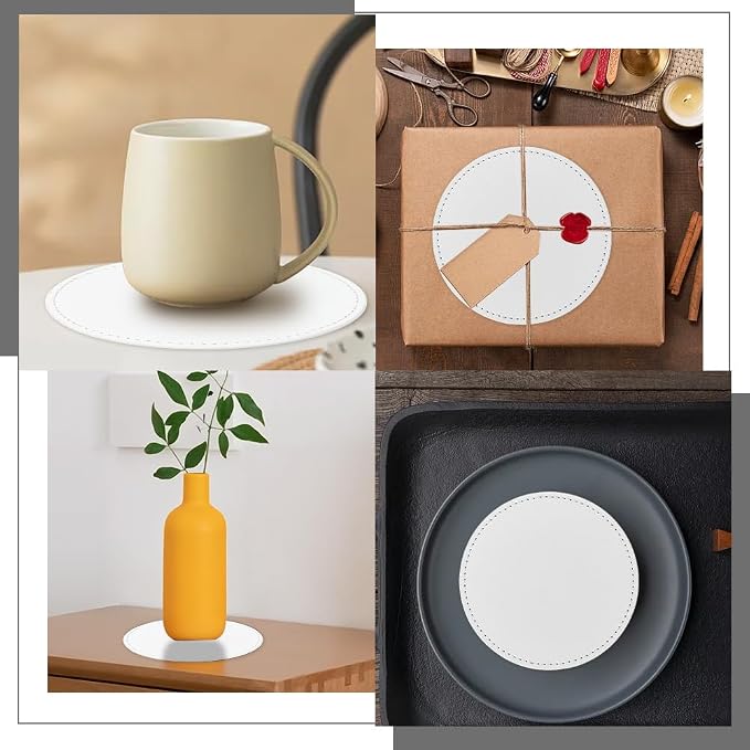 6PCS White PU Leather Cup Holders 4 Inch Leather Round Drink Coasters Spill - Image 4