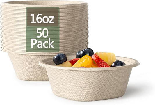 Homestockplus 16 Oz Disposable Bowls Heavy Duty Small Paper Bowls made of 100% Compostable Heavy-duty Quality Natural Bagasse Biodegradable Bowls for Ice Cream, Dessert And Chili ect.[50 Pack]