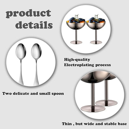 Ice Cream Bowls Stainless Steel Dessert Cups with Spoons Reusable Footed Sundae Cups Ice Cream Cups for Dessert, Frozen Yogurt, Gelato, Birthday Party Decorations (2, Black)