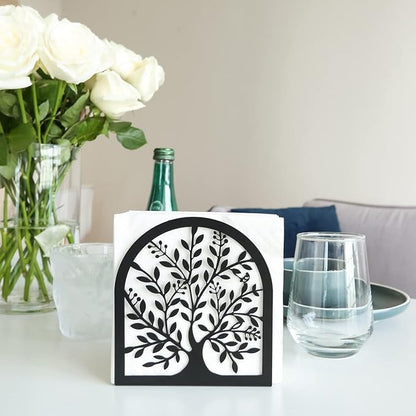 Napkin Holder for Tables, Vintage Metal Freestanding Tissue Dispenser, Black Cast Iron Vertical Tabletop Paper Napkin Holder Stand for Dinner Home Kitchen Restaurant Picnic Party (Tree of Life)