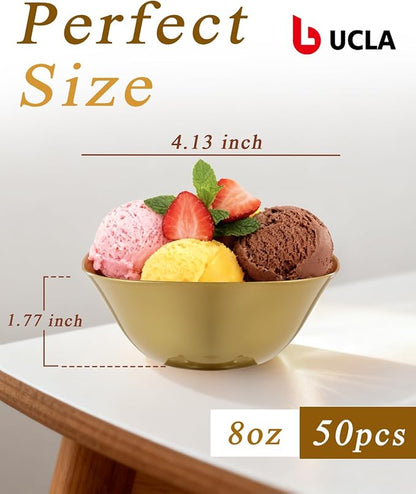 bUCLA 50Pack Gold Plastic Small Bowls - 8oz Disposable Ice - Image 2