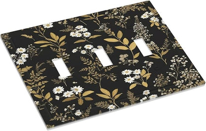 Light Switch Cover Black/Gold Boho Botanical Floral Rustic Flowers 3 Gang Wall Plate Triple Light Switch Plate Toggle Decorative Outlet Covers Electrical Switchplate for Bathroom Kitchen Decor