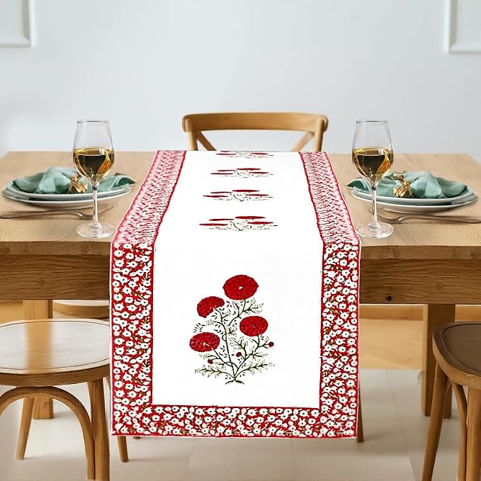 Red Green Buta Hand Block Print 100% Cotton Table Runner 16x90 Inch | Perfect by Ridhi