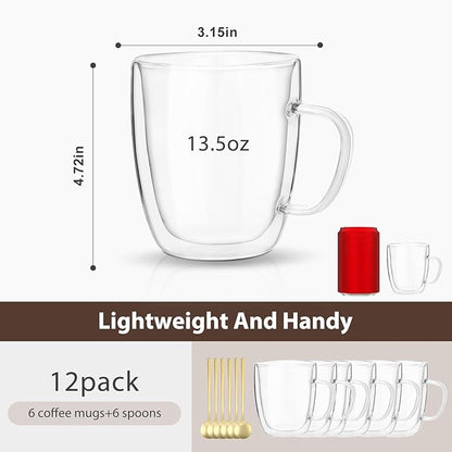 VENVENWEAVS Glass Coffee Mugs Set Of 6, 13.5 OZ Insulated Double Wall Coffee - Image 2