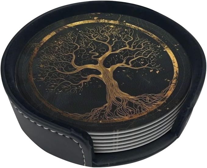 Drink Coasters with Holder Stand Set of 6, Marble Gold Tree of Life Pu Leather - Image 6