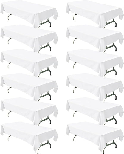 BIGTONE 12 Pack White Rectangle Tablecloth 60 x 102 Inch, Cross Ribbon Packing Reusable Table Clothes for 6 Foot Tables, Wrinkle Resistant Polyester Fabric Table Cover for Wedding, Party, Banquet