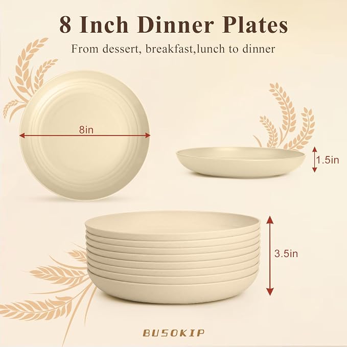 Kitchen Plates Set of 8, Wheat Straw Plate 8 Inch, Unbreakable & Lightweight - Image 2