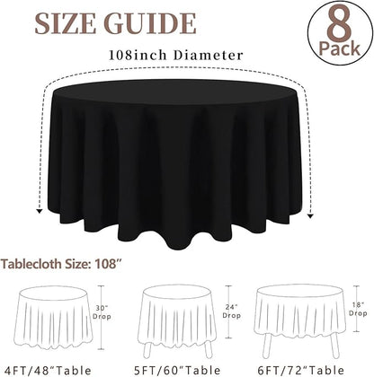 8 Pack Round Tablecloth 108 Inch Black Table Cloth for Round Tables, Washable Polyester Tablecloth Stain and Wrinkle Resistant Decorative Table Cover for Wedding Party Dining Banquet