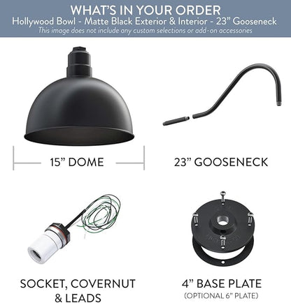 Steel Lighting Co. Hollywood Bowl Light | Outdoor Wall Mounted | 15 inch Bowl Dome | 23 inch Gooseneck | Barn Light Made in America | Matte Black Exterior/Matte Black Interior