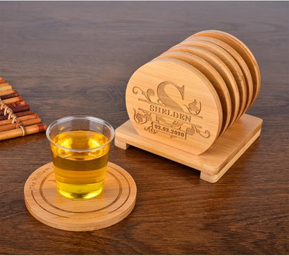Personalized Bamboo Coasters, Custom Engraved Monogram Coasters with Holder, Great Gifts for Relatives, Friends or Yourself (Set of 6)