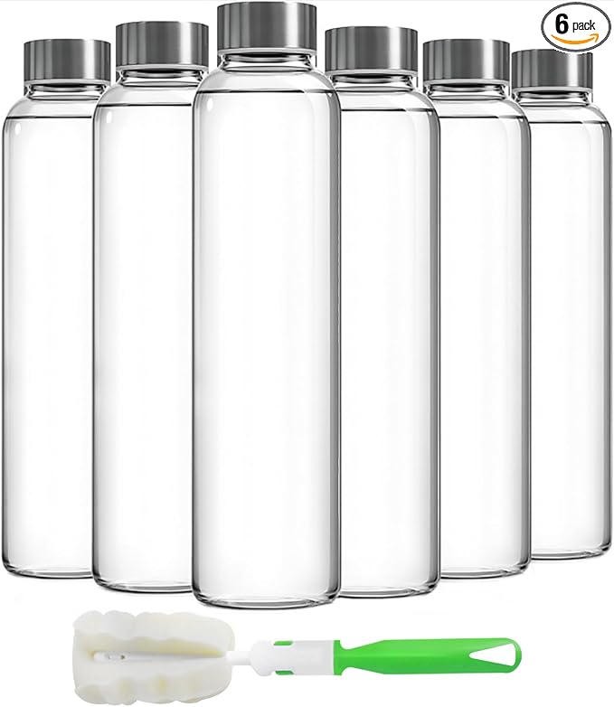 Epica Clear Glass Bottles with Lids, 17.5 oz Water Bottles, and Store Juices by Epica