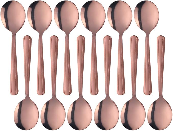 Bouillon Spoons Set of 12, 5.9 Inch Stainless Steel Soup Spoon, Metal Round by KitchenDining