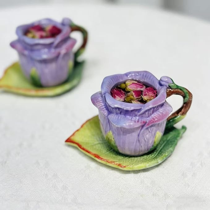 Ceramic Rose Tea Pot Set, 3D Hand-painted Rose Flower Cup and Green Leaves - Image 6