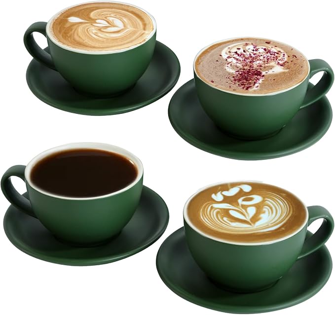 Yundu Matte Green Cappuccino Cups Set of 4-10oz Ceramic Latte Mugs by YunduHome