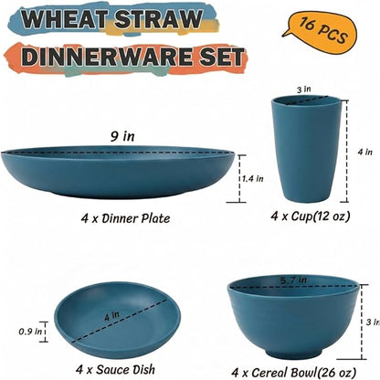 16 PCS Wheat Straw Plates and Bowls Sets, Kids Dishes Dinnerware Sets - Image 3