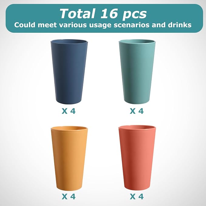 HEYCOME Set of 16 Wheat Straw Cups, Reusable Plastic Cups Sets, Water Glasses - Image 3